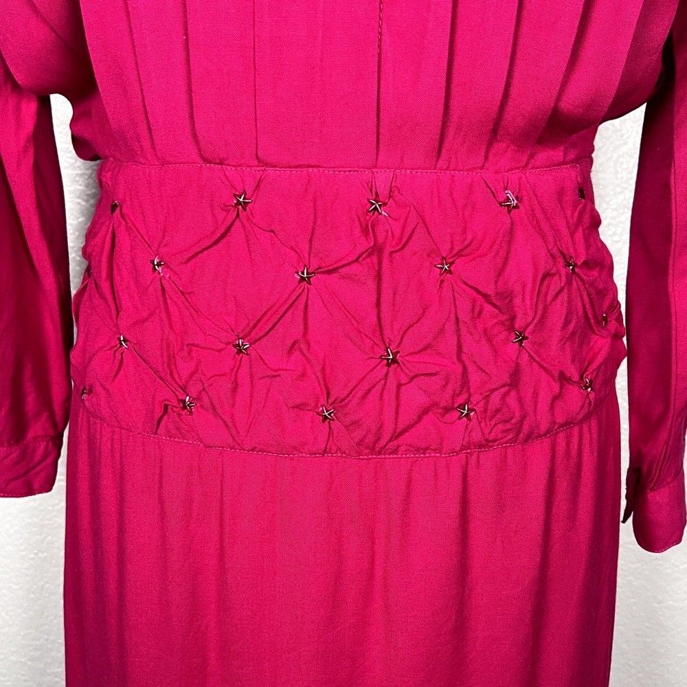 Vintage Momentos Sz S Blouson Midi Dress Hot Pink Pleated Star-Studded Waist - Picture 4 of 16